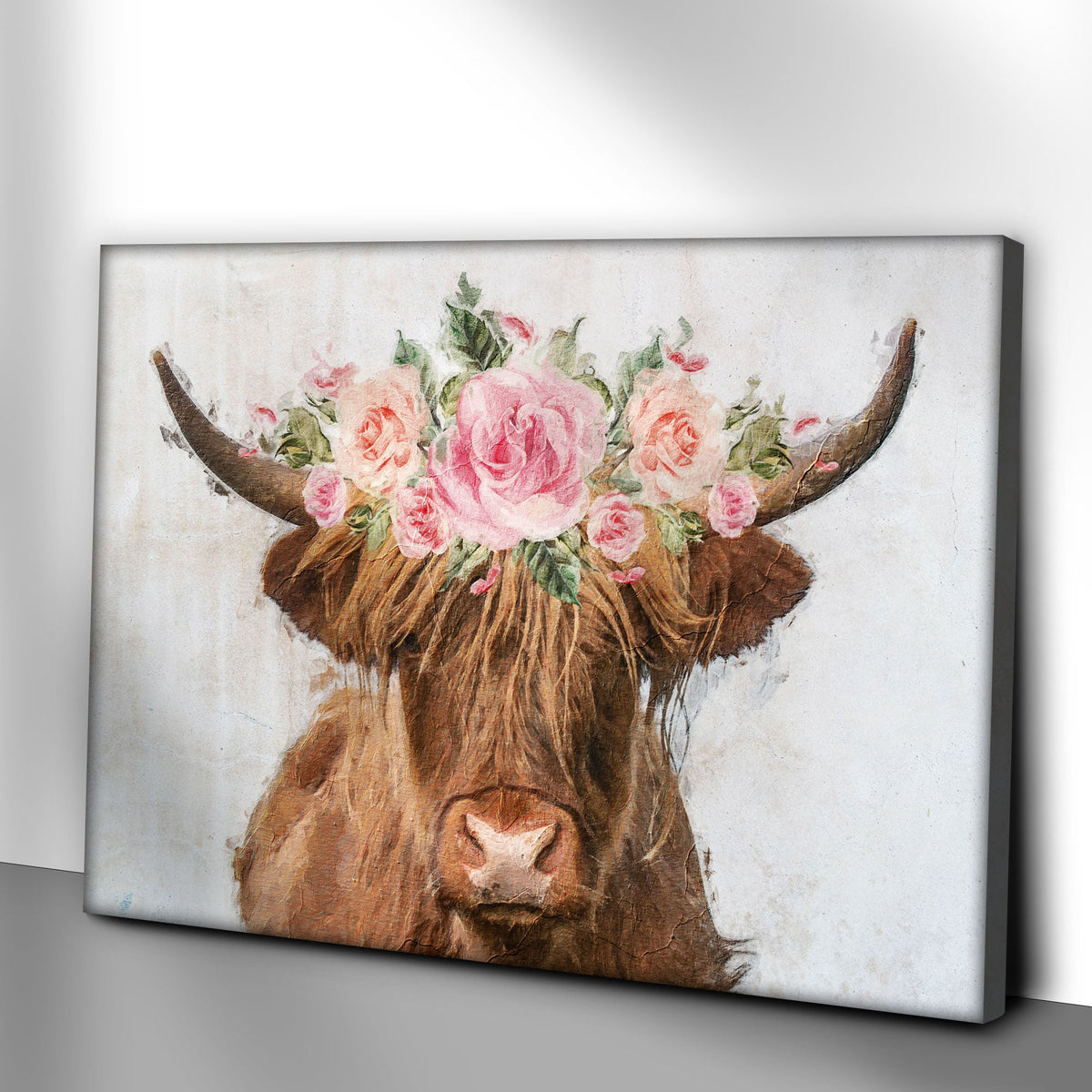 Highland Cow Floral Wreath Painting Canvas Wall Art