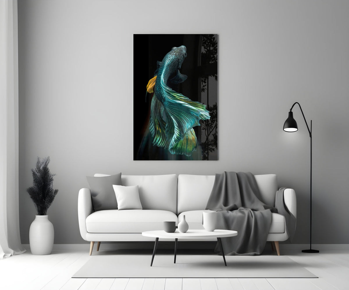 Teal and Gold Betta Fish on Black Glass Wall Art